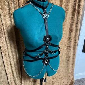Black Pentagram Adjustable Torso Harness with Collar Silver Chains